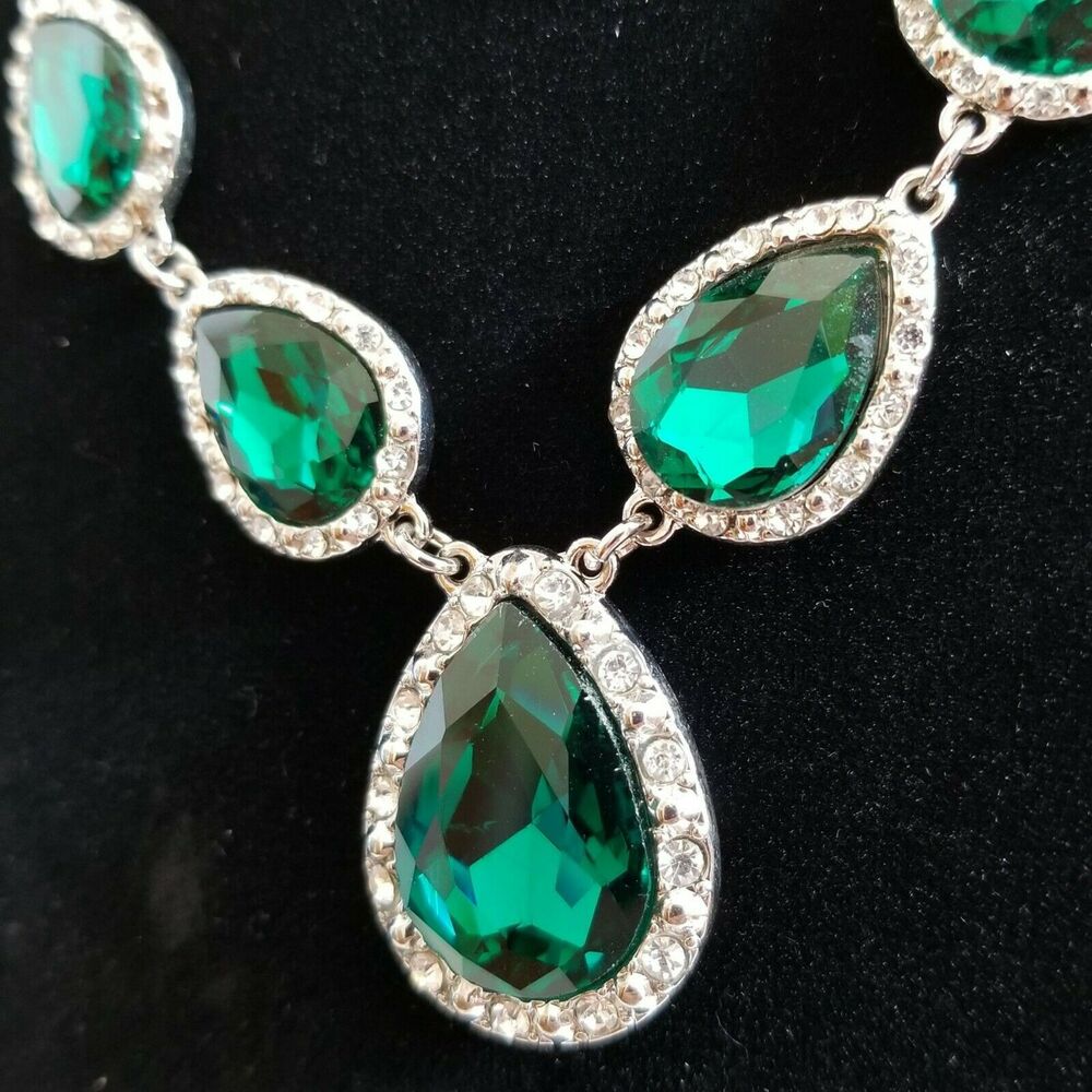 New Deep Green Rhinestone Statement Necklace Set Pierced Earring Demi Parure 18"